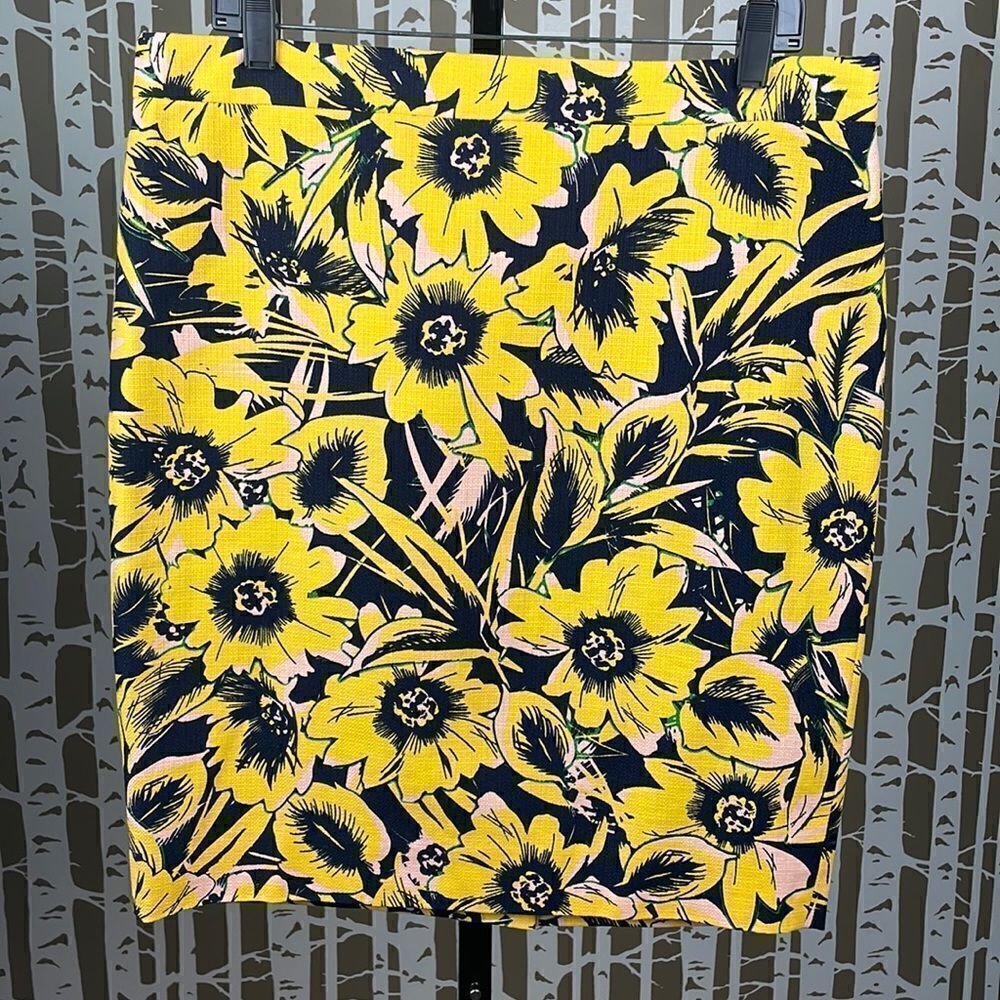 J. Crew The Pencil Skirt in bright yellow gold navy blue pink green floral NWT